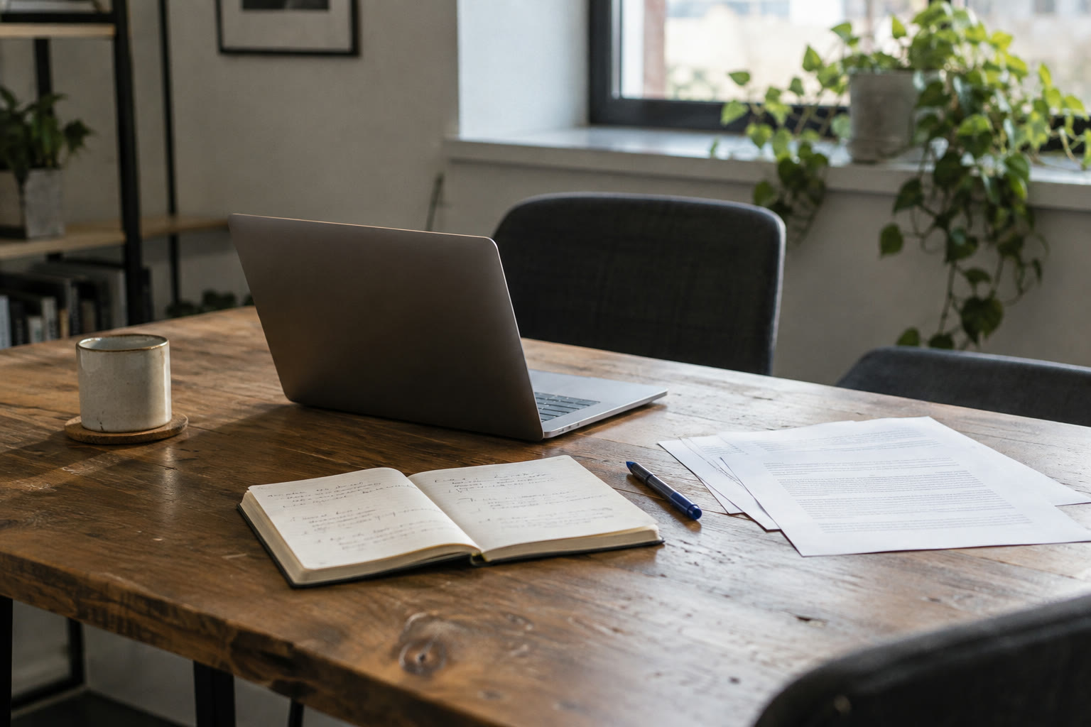 A notebook, laptop and papers on a meeting table prepared for an AI use review.