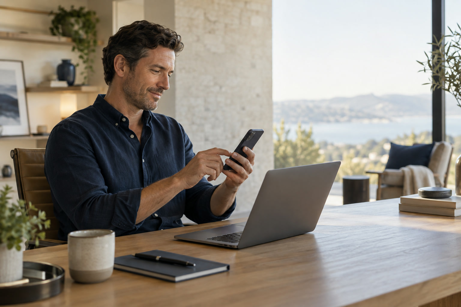 A professional approving a sign-in on a phone while working at a laptop.