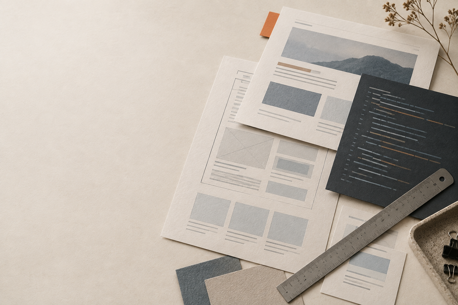 Abstract printed website layouts and code on a drafting desk.